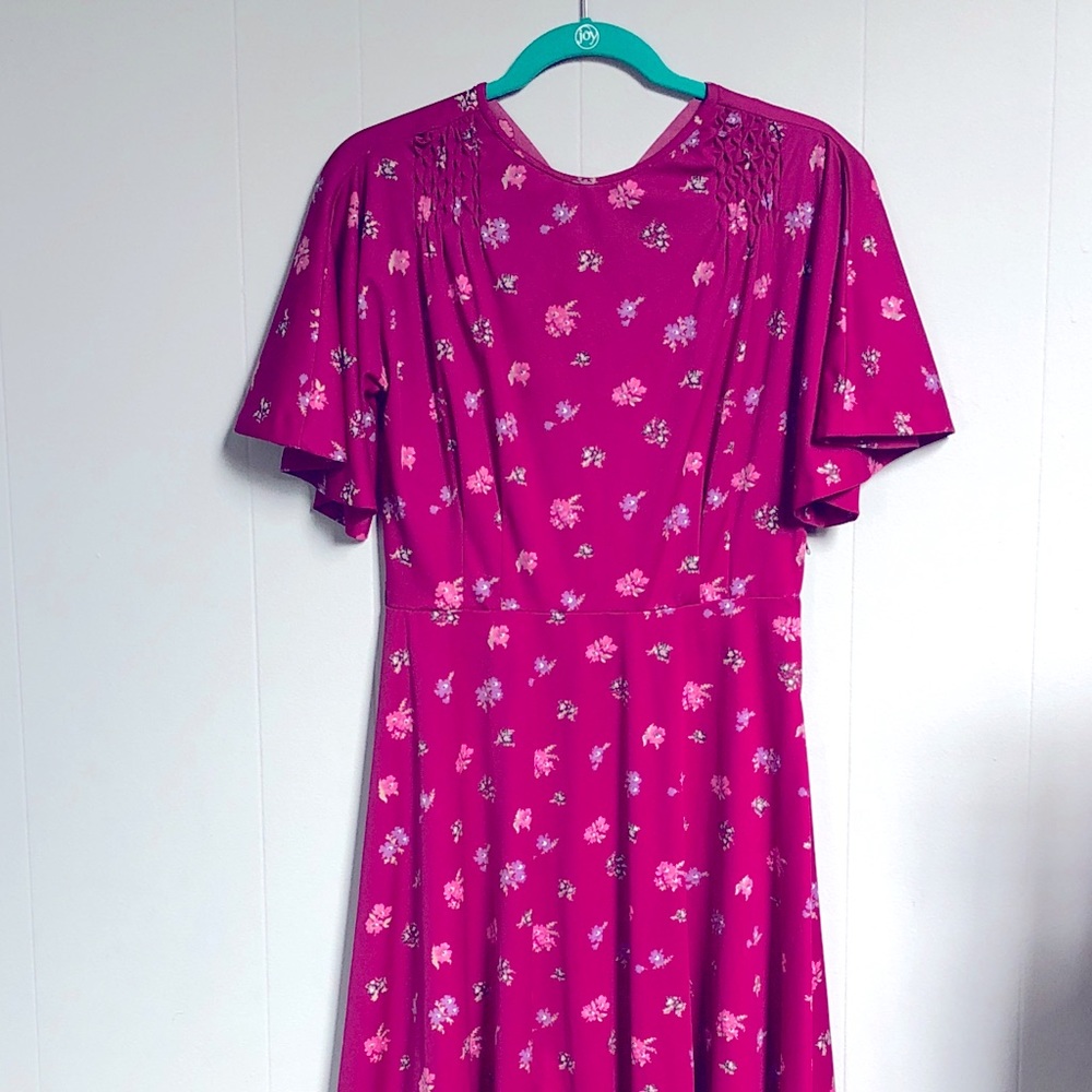 Vintage 70s dress, burgundy, magenta, floral print